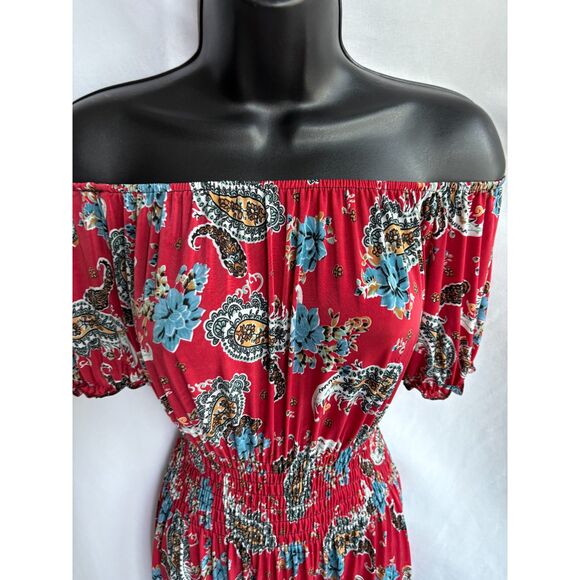 Long Red Paisley Maxi Off Shoulder Dress M/L Romantic Vacation Date Feminine - Picture 2 of 9